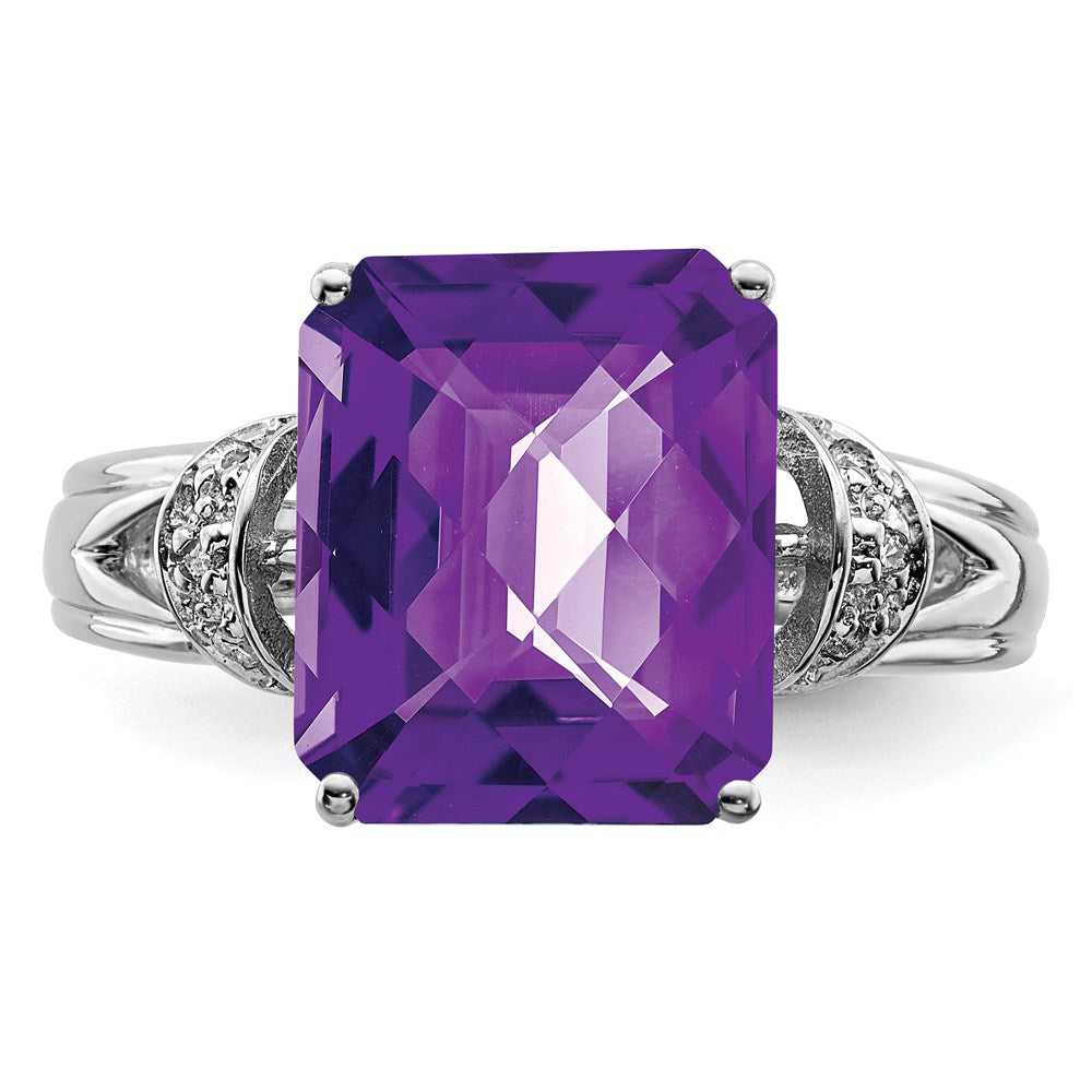 Sterling Silver Rhodium-plated Checker-Cut Amethyst u0026 Diamond Ring