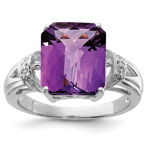Sterling Silver Rhodium-plated Checker-Cut Amethyst u0026 Diamond Ring