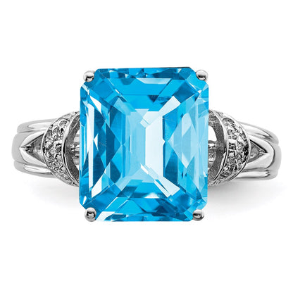 Sterling Silver Rhodium Checker-Cut Blue Topaz u0026 Diamond Ring