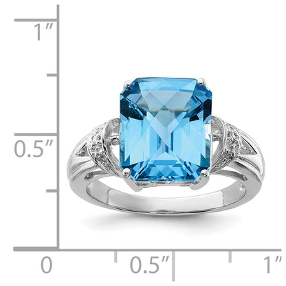 Sterling Silver Rhodium Checker-Cut Blue Topaz u0026 Diamond Ring