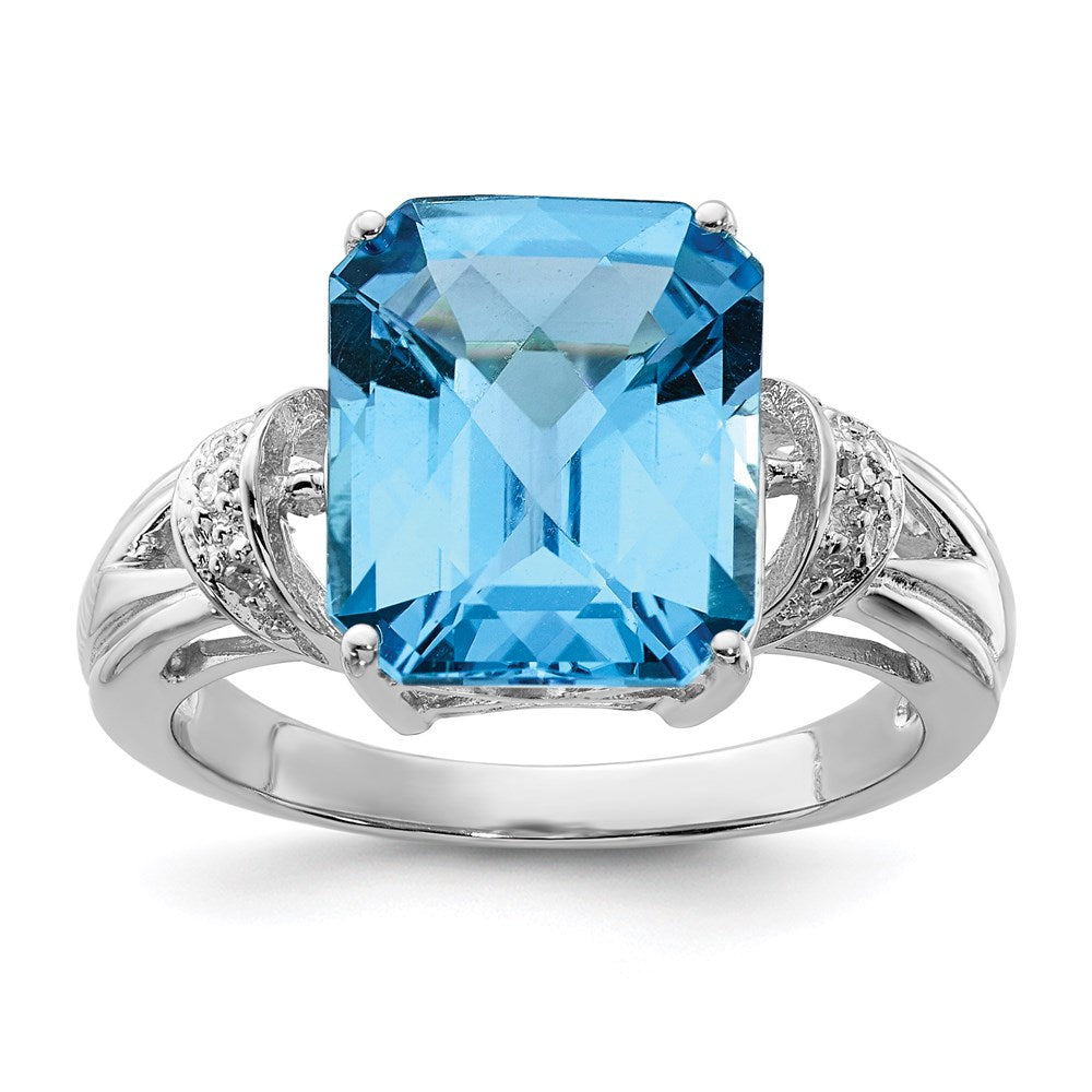 Sterling Silver Rhodium Checker-Cut Blue Topaz u0026 Diamond Ring
