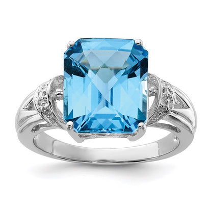 Sterling Silver Rhodium Checker-Cut Blue Topaz u0026 Diamond Ring