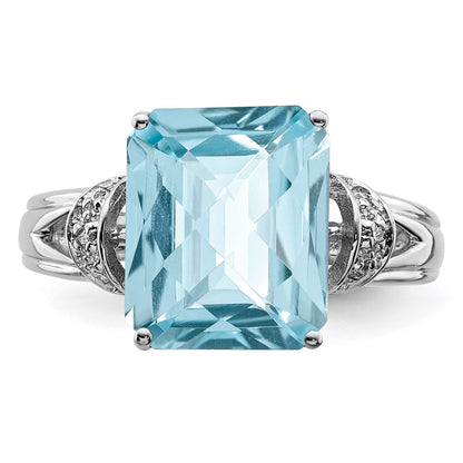 Sterling Silver Rhodium Checker-Cut Sky Blue Topaz u0026 Diamond Ring