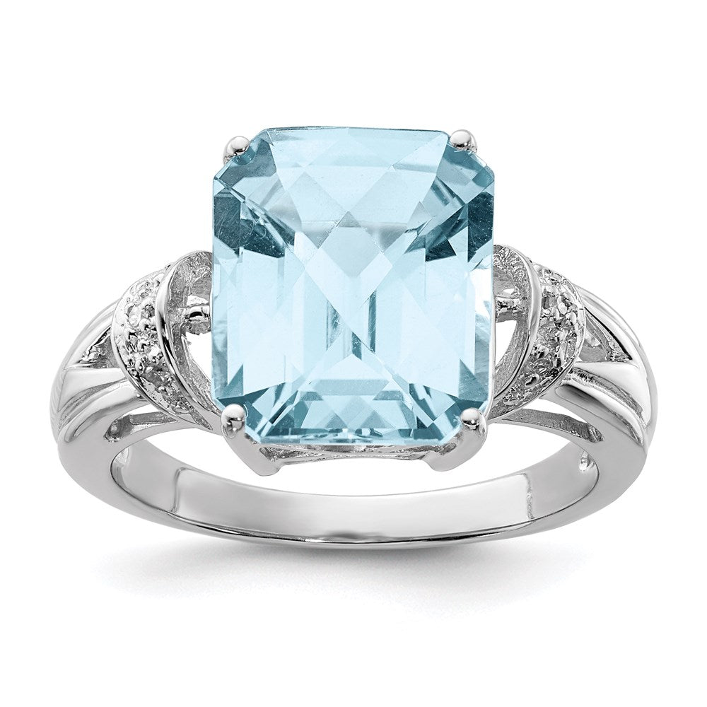 Sterling Silver Rhodium Checker-Cut Sky Blue Topaz u0026 Diamond Ring