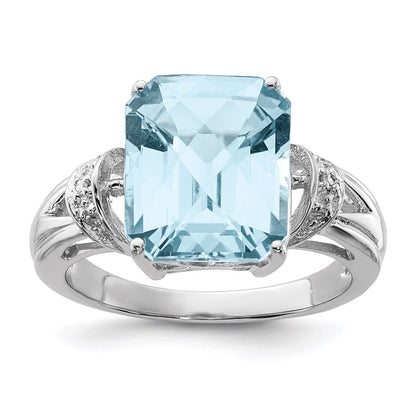 Sterling Silver Rhodium Checker-Cut Sky Blue Topaz u0026 Diamond Ring