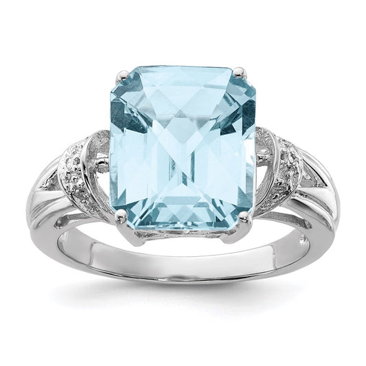 Sterling Silver Rhodium Checker-Cut Sky Blue Topaz u0026 Diamond Ring