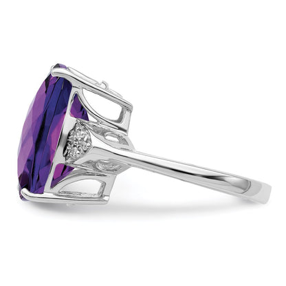 Sterling Silver Rhodium-plated Checker-Cut Amethyst u0026 Diamond Ring