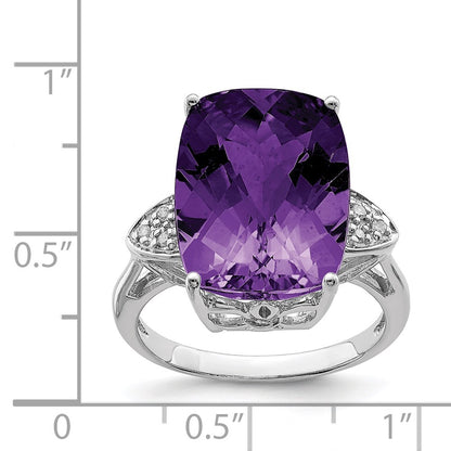 Sterling Silver Rhodium-plated Checker-Cut Amethyst u0026 Diamond Ring