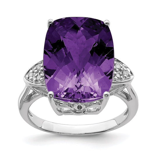 Sterling Silver Rhodium-plated Checker-Cut Amethyst u0026 Diamond Ring