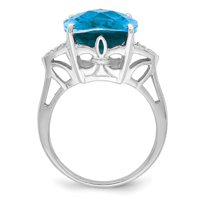 Sterling Silver Rhodium Checker-Cut Blue Topaz u0026 Diamond Ring