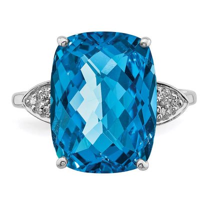 Sterling Silver Rhodium Checker-Cut Blue Topaz u0026 Diamond Ring