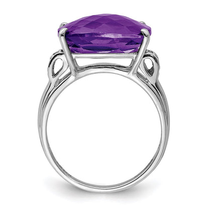 Sterling Silver Rhodium-plated Checker-Cut Amethyst u0026 Diamond Ring