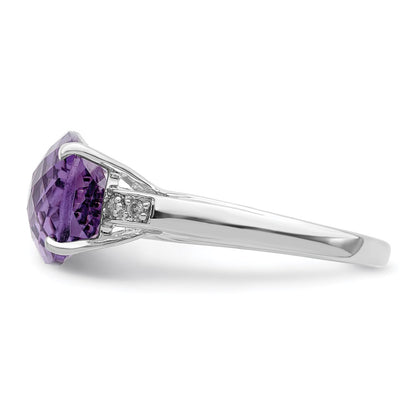 Sterling Silver Rhodium-plated Checker-Cut Amethyst u0026 Diamond Ring