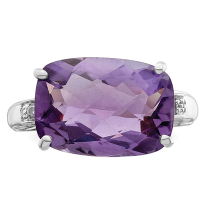 Sterling Silver Rhodium-plated Checker-Cut Amethyst u0026 Diamond Ring
