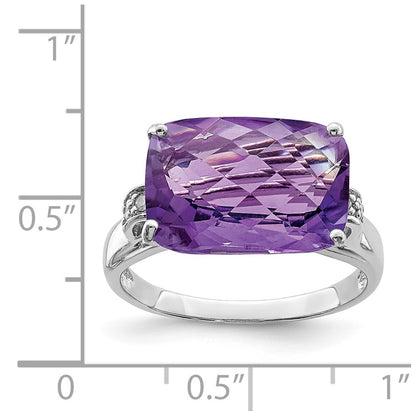 Sterling Silver Rhodium-plated Checker-Cut Amethyst u0026 Diamond Ring