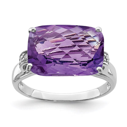 Sterling Silver Rhodium-plated Checker-Cut Amethyst u0026 Diamond Ring