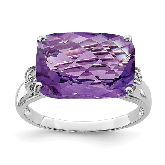 Sterling Silver Rhodium-plated Checker-Cut Amethyst u0026 Diamond Ring