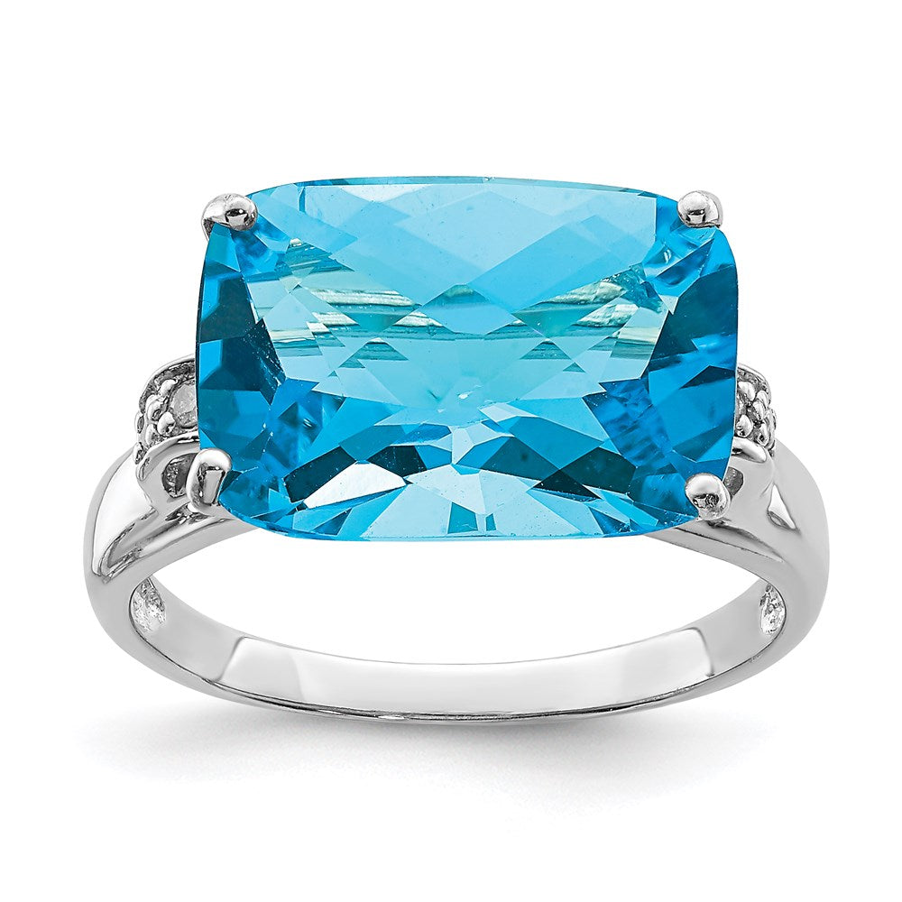 Sterling Silver Rhodium Checker-Cut Blue Topaz u0026 Diamond Ring