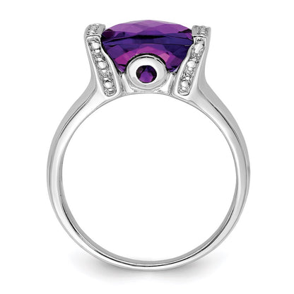Sterling Silver Rhodium-plated Checker-Cut Amethyst u0026 Diamond Ring