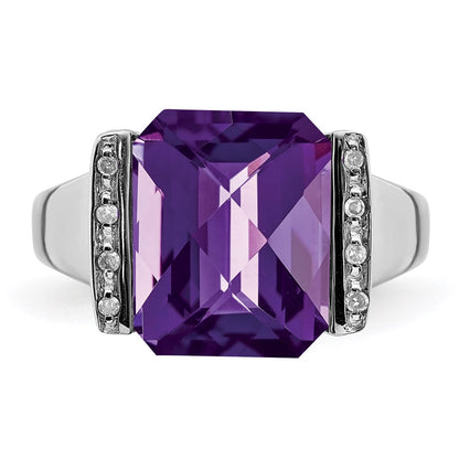 Sterling Silver Rhodium-plated Checker-Cut Amethyst u0026 Diamond Ring