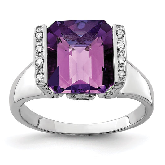 Sterling Silver Rhodium-plated Checker-Cut Amethyst u0026 Diamond Ring