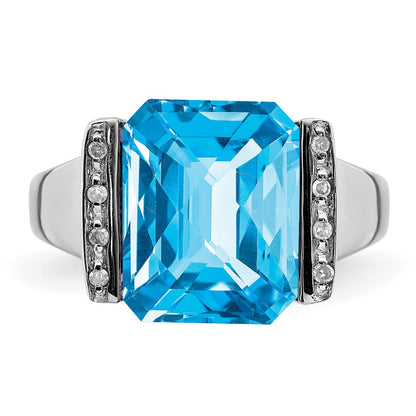 Sterling Silver Rhodium Checker-Cut Blue Topaz u0026 Diamond Ring