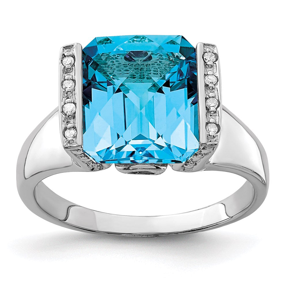Sterling Silver Rhodium Checker-Cut Blue Topaz u0026 Diamond Ring