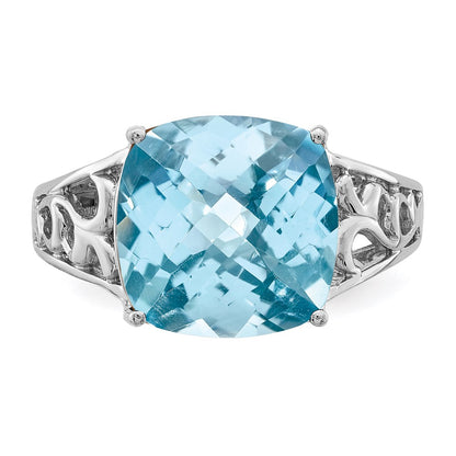 Sterling Silver Rhodium Checker-Cut Sky Blue Topaz Ring