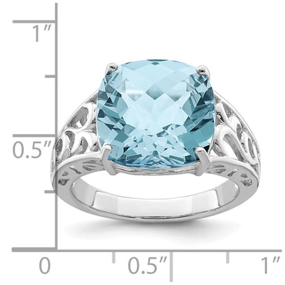 Sterling Silver Rhodium Checker-Cut Sky Blue Topaz Ring