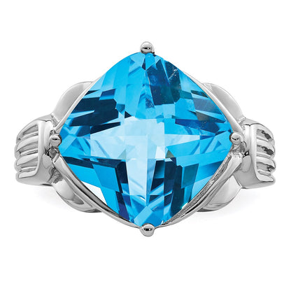 Sterling Silver Rhodium Checker-Cut Blue Topaz Ring