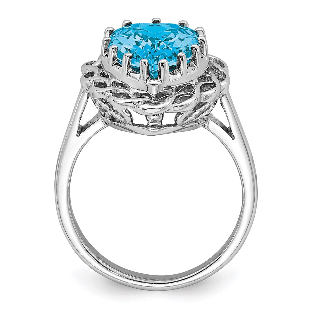 Sterling Silver Rhodium Checker-Cut Blue Topaz Ring