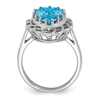 Sterling Silver Rhodium Checker-Cut Blue Topaz Ring
