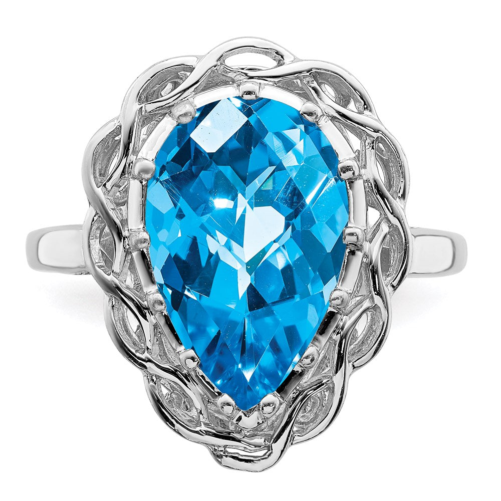 Sterling Silver Rhodium Checker-Cut Blue Topaz Ring