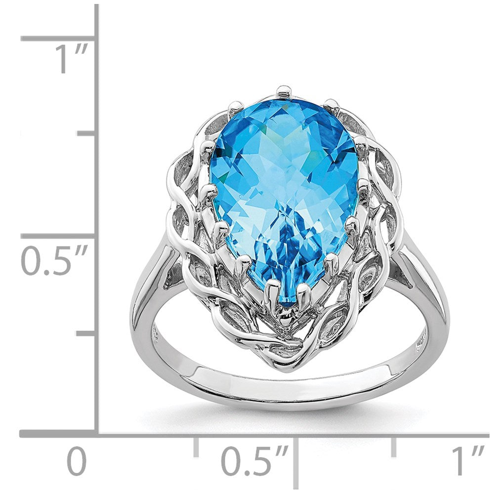 Sterling Silver Rhodium Checker-Cut Blue Topaz Ring