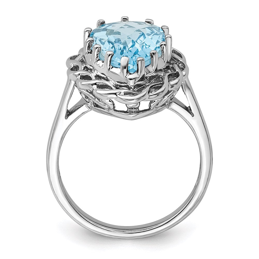 Sterling Silver Rhodium Checker-Cut Sky Blue Topaz Ring
