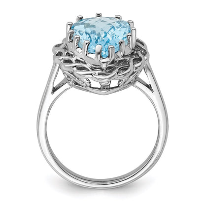 Sterling Silver Rhodium Checker-Cut Sky Blue Topaz Ring