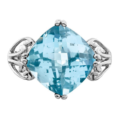 Sterling Silver Rhodium Checker-Cut Sky Blue Topaz Ring