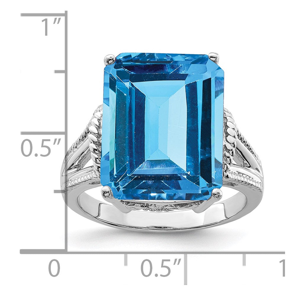 Sterling Silver Rhodium Checker-Cut Blue Topaz Ring
