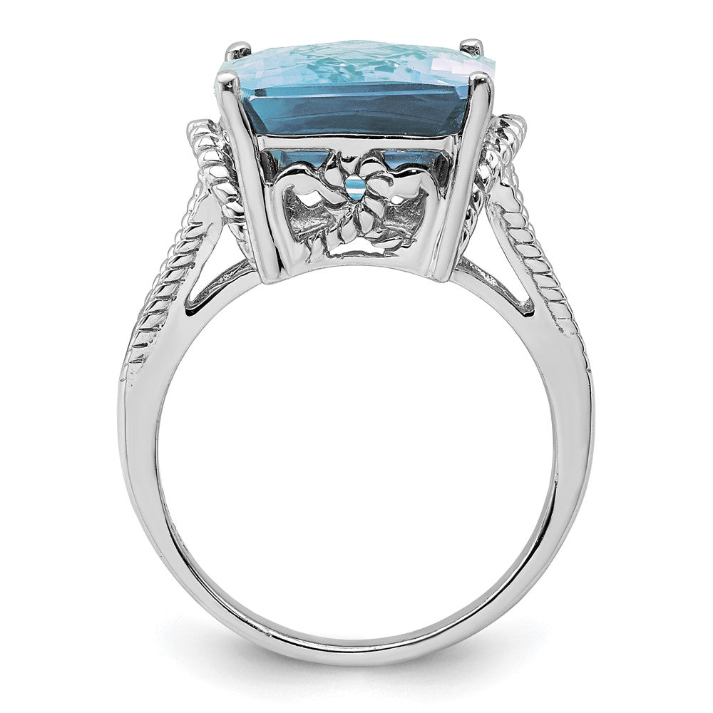 Sterling Silver Rhodium Checker-Cut Sky Blue Topaz Ring