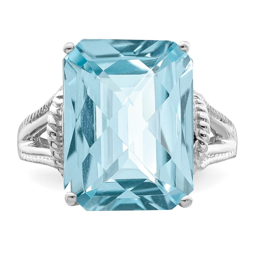 Sterling Silver Rhodium Checker-Cut Sky Blue Topaz Ring