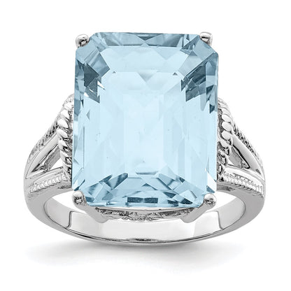 Sterling Silver Rhodium Checker-Cut Sky Blue Topaz Ring