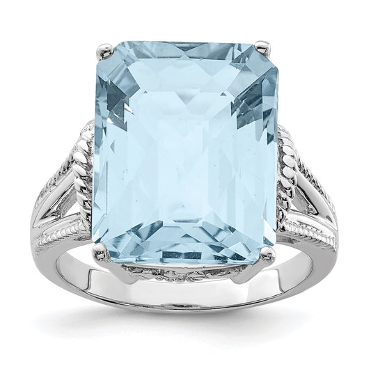 Sterling Silver Rhodium Checker-Cut Sky Blue Topaz Ring
