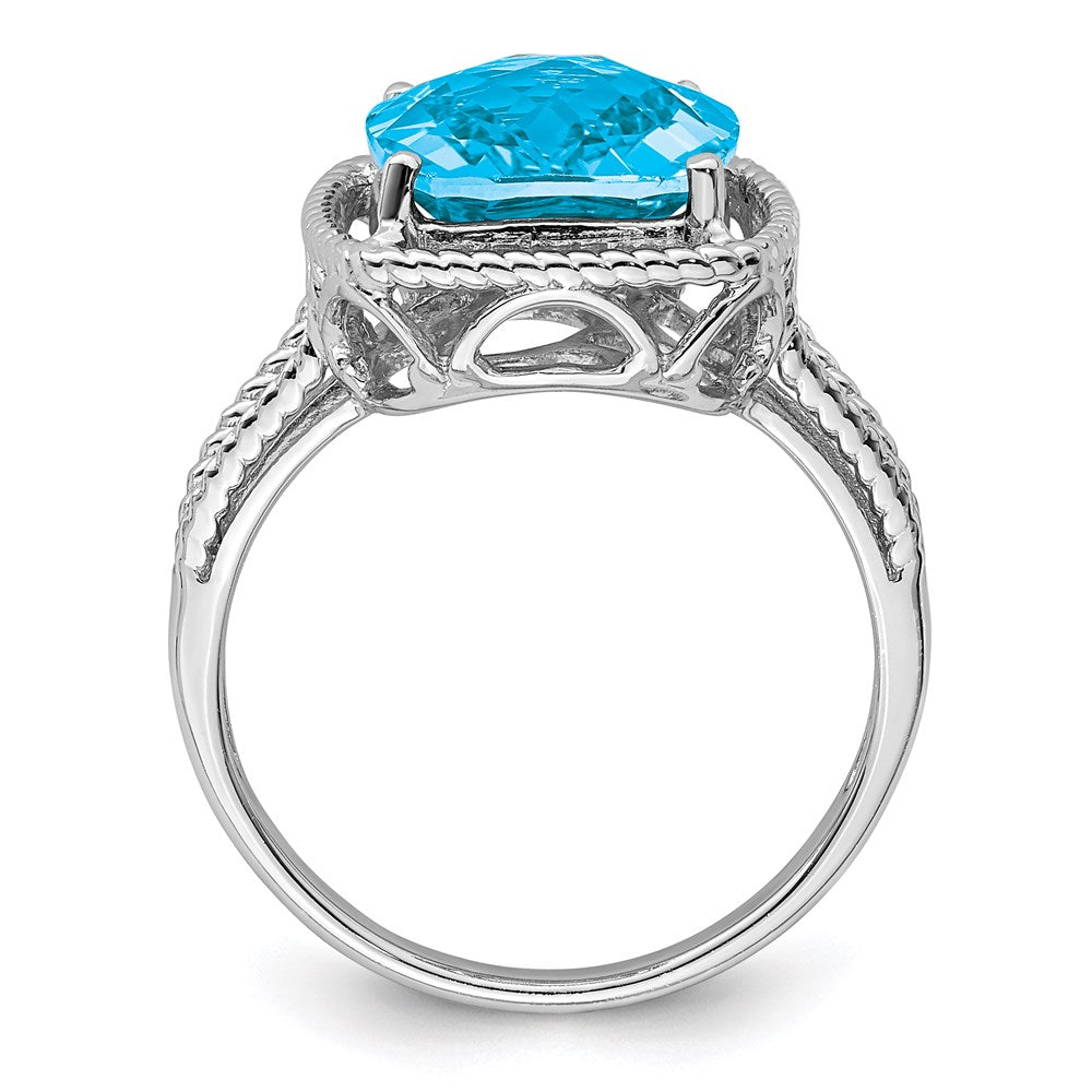 Sterling Silver Rhodium Checker-Cut Blue Topaz Ring