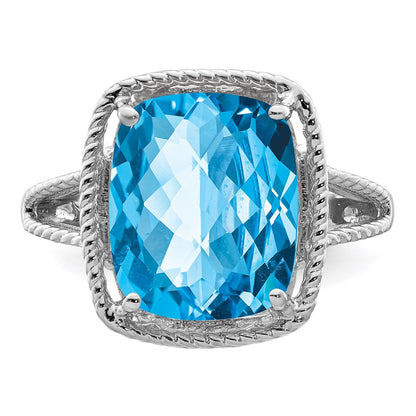 Sterling Silver Rhodium Checker-Cut Blue Topaz Ring