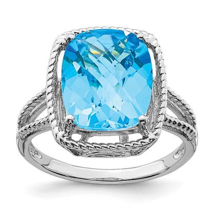Sterling Silver Rhodium Checker-Cut Blue Topaz Ring