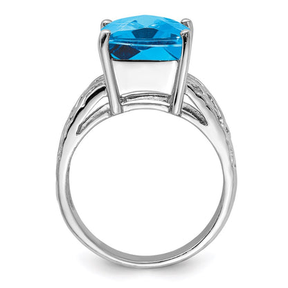 Sterling Silver Rhodium Checker-Cut Blue Topaz Ring