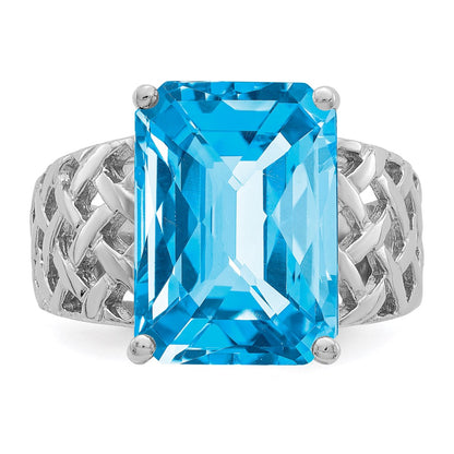 Sterling Silver Rhodium Checker-Cut Blue Topaz Ring