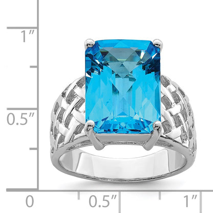 Sterling Silver Rhodium Checker-Cut Blue Topaz Ring