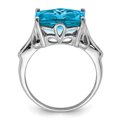 Sterling Silver Rhodium Checker-Cut Blue Topaz Ring