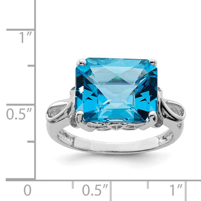 Sterling Silver Rhodium Checker-Cut Blue Topaz Ring